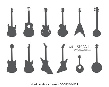 Vector set of guitar black silhouettes. Musical Instrument. isolated on white background.