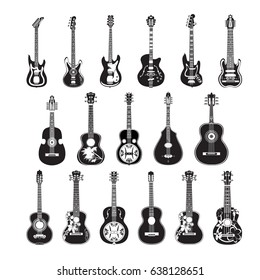 Vector set of guitar icons isolated on white background. Black and white string musical instruments in flat style.