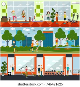 Vector set of gym posters, banners with people training in park and in fitness club. Girls doing step aerobics, exercising with jump ropes, dumbbells, hula hoops, jogging. Flat style design.