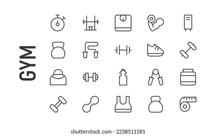 Vector set of gym thin line icons. Design of 20 stroke pictograms. Signs of gym isolated on a white background.