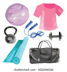 Vector set of gym, yoga or pilates female set including ball, mat, bag, weight and t-shirt watercolor illustration