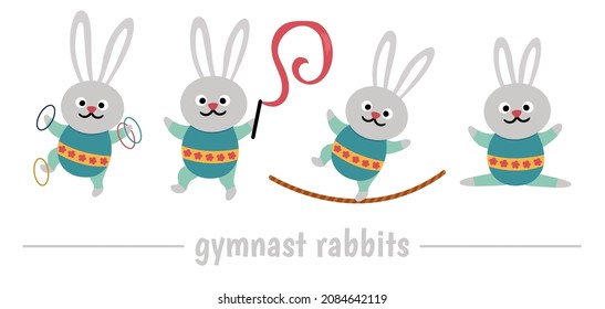 Vector set with gymnast rabbits with hula hoop, tightrope, ribbon. Cute funny animal acrobat. Circus or sport artist clipart. Amusement holiday icons pack. Festival character clip art
