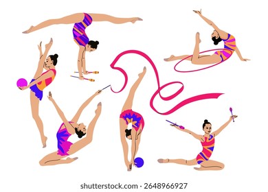 Conjunto de vetor com ginastas. Jovens mulheres com paus, aro, fita e bola realizam elementos e exercícios