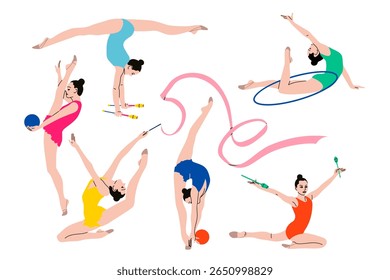 Vector set with gymnasts. Young women with clubs, hoop, ribbon and ball perform elements and exercises