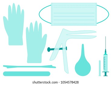 Vector set of gynecology tools. A vaginal speculum, syringe, medicine gloves, mask, spatula, clyster. Medical tools for holding open the vagina during medical investigation. Feminine health diagnosis