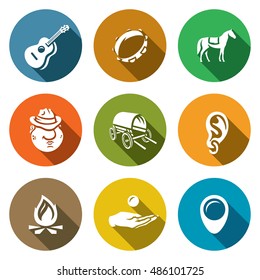 Vector Set of Gypsy Camp Icons. Guitar, Tambourine, Horse, Romany, Dray, Ring Ear, Bonfire, Beggar, Nomad.