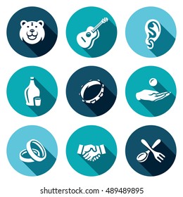 Vector Set of Gypsy Camp Icons. Bear, Guitar, Eear Ring, Alcohol, Tambourine, Beggar, Wedding, Agreement, Silverware.