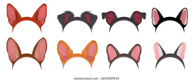 Vector set of hair bands with dog ears clip art in cartoon style isolated on background. Collection of accessories with dog ears of different breeds for stickers, costumes