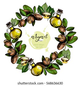 Vector set of hair care ingredients. Organic hand drawn colored elements.Argan nuts and oil wreath.cosmetic package, shop, store, products, spa salon, wellness program, procedure, skin beauty