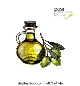 Vector set of hair care ingredients. Organic hand drawn elements. Farm market vegetables. Colored green olive branch, bottle. cosmetic package, shop, store, products, spa salon, wellness program, skin