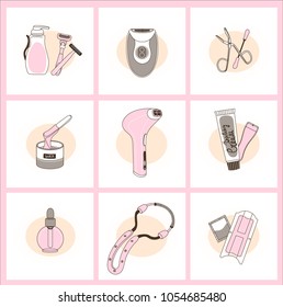 Vector Set Of Hair Removal Tools. Flat Style With Delicate Outline And Nude Colors.