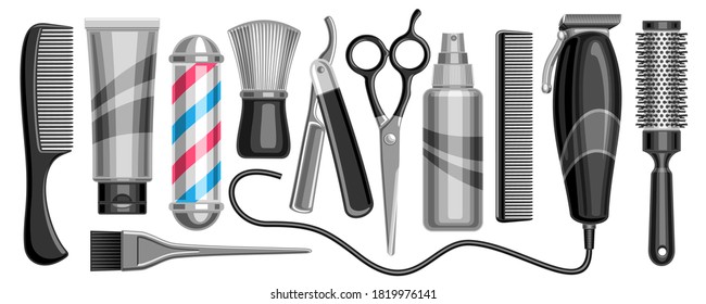 Vector set for Hair Salon and Barbershop, 11 isolated monochrome illustrations for womans and mans hair care on white background.