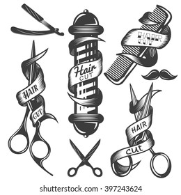 Vector Set Of Hair Salon Vector Labels In Vintage Style. Hair Cut Beauty And Barber  Shop, Scissors, Blade. Design Elements, Icons, Badges Isolated On White Background.