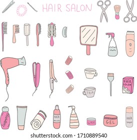 Vector set of hair salon themed objects and appliances. Hand drawn doodle elements. 