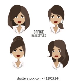 Vector set of hair styles and hairdos for office female workers. Office female character design