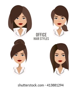 Vector set of hair styles and hairdos for office female workers. Friendly, positive, pretty brunette office female character design. Business woman, boss, assistant, secretary, manager, staff