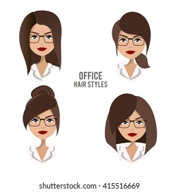 Vector set of hair styles and hairdos for office female workers. Friendly, positive, pretty brunette office female character design. Business woman, boss, assistant, manager, staff wearing glasses