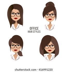 Vector set of hair styles and hairdos for office female workers. Friendly, positive, pretty brunette office female character design. Business woman, boss, assistant, manager, staff wearing glasses