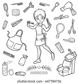 Vector set with hairdresser and objects for hair cutting. Cartoon black and white items