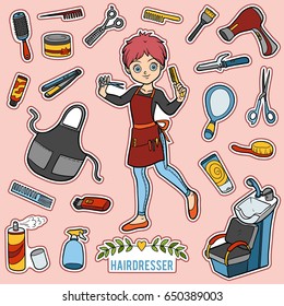 Vector Set With Hairdresser And Objects For Hair Cutting. Cartoon Colorful Items