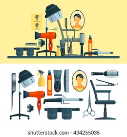 Vector set of hairdresser objects and tools isolated on white background. Hair salon equipment icons, hair hood dryer, hairdryer, comb, scissors.