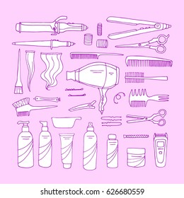Vector set of hairdressing accessories and cosmetics. Hand drawn sketch 