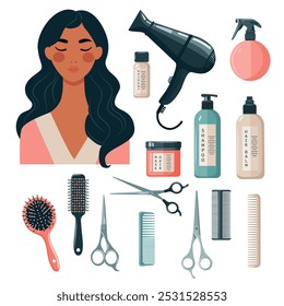 Vector conjunto de herramientas de peluquería. Profesional de equipo de peluquería. Secador de pelo, tijeras, peine, cepillo y Imagen de mujer joven. Artículos de belleza