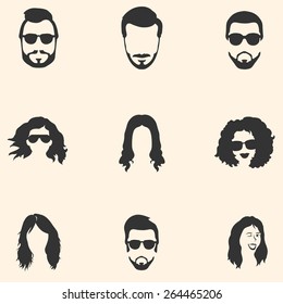 Vector Set Of Hairstyles Icons. Hair, Beard, Mustache. Mens And Womens Hairstyles.