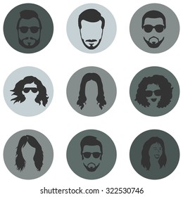 Vector Set of Hairstyles Icons. Hair, Beard, Mustache. Mens and Womens Hairstyles.