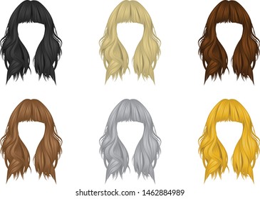 Vector set of hairstyles For women, long hair, natural colors