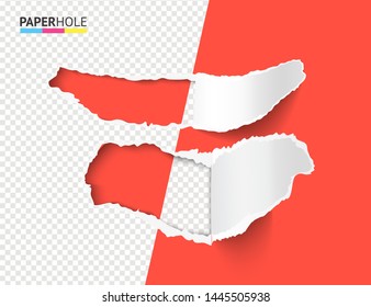 Vector set of half empty realistic torn paper pieces with rip edges of hole and shadows on a halfed transparent background for a sale advertisement bright banner revealing some message.