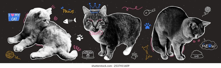 Vector set of halftone cats with naive doodle elements. Contemporary collage for design template