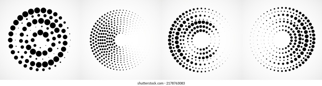 Vector set of halftone dotted background in circle form. Circle dots isolated on the white background