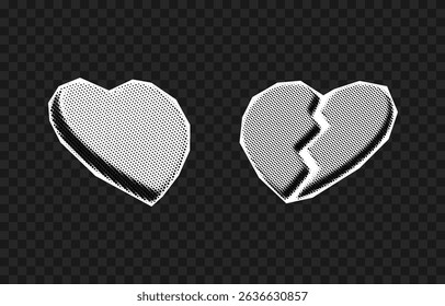 Vector set of halftone hearts png. Halftone hearts in retro pop art style for collage. Hearts cut out from newspaper.