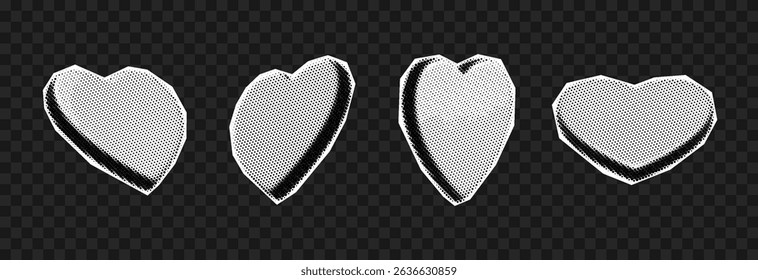 Vector set of halftone hearts png. Halftone hearts in retro pop art style for collage. Hearts cut out from newspaper.