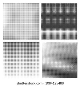 Vector Set of Halftone Patterns on White Background. Dirty Damaged Spotted Circles Pattern. Comic Book Texture.