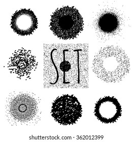 Vector set of halftone spots in the shape of a circle and rings. Black and white image points. Template for creating compositions in the style of grunge.