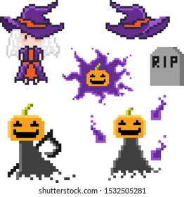 Vector set of Halloween 8 bit pixel art isolated on white background.