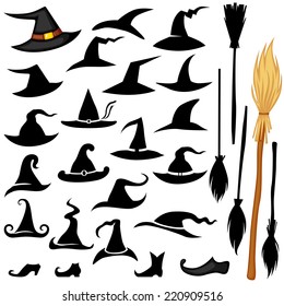 Vector set of Halloween accessories icon hat, broomstick, shoos