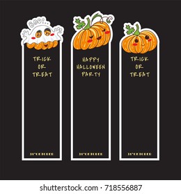 Vector set of Halloween banners, bookmarks or invitations with cute, kawaii pumpkins. Pumpkins with ghost outfit, smiling faces. Black background, suitable for trick or treat labels or cards