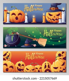 Vector set of Halloween banners and posters with pumpkin and candles, witches cauldron with potion, broom. Banner, poster, advertising for the holiday