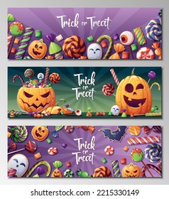 Vector set of Halloween banners or posters with pumpkin and horrible sweets, candies, lollipops with Halloween style spiral patterns. Trick or Treat