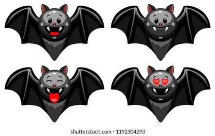 Vector set of Halloween bat emoticons. Collection of bat characters with different emotions in cartoon style on white background