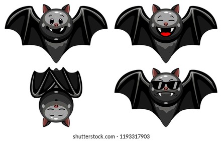 Vector set of Halloween bat emoticons. Collection of bat characters with different emotions in cartoon style on white background