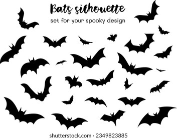 Vector set of halloween bats black silhouette on white background isolated