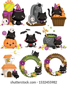 A Vector Set of Halloween Black Cat with the Halloween Items and Decoration 