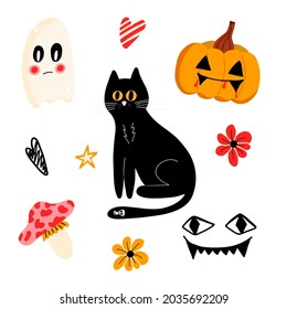Vector set for Halloween with a black cat, a pumpkin and a ghost in a flat cartoon style on a white background. Holiday illustrations, T-shirts, gift wrapping, postcards, banners