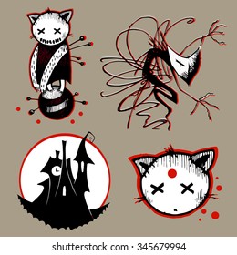 Vector set with halloween black white and red images: voodoo cat toy, scary ghost in mask, creepy castle silhouette and moon, head of a dead cat on grey background with bloody drops