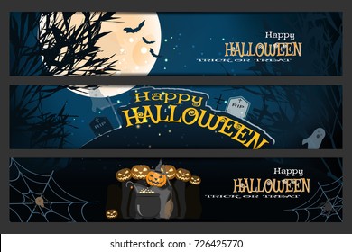 Vector set of Halloween bookmarks with silhouettes of trees, full moon, bats, headstones, grave crosses, ghosts, group of wizards, magic cauldron, spider net on the gradient dark blue background.