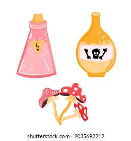 Vector set for Halloween with a bottle of poison and an energy drink in a flat cartoon style on a white background. Holiday illustrations, T-shirts, gift wrapping, postcards, banners